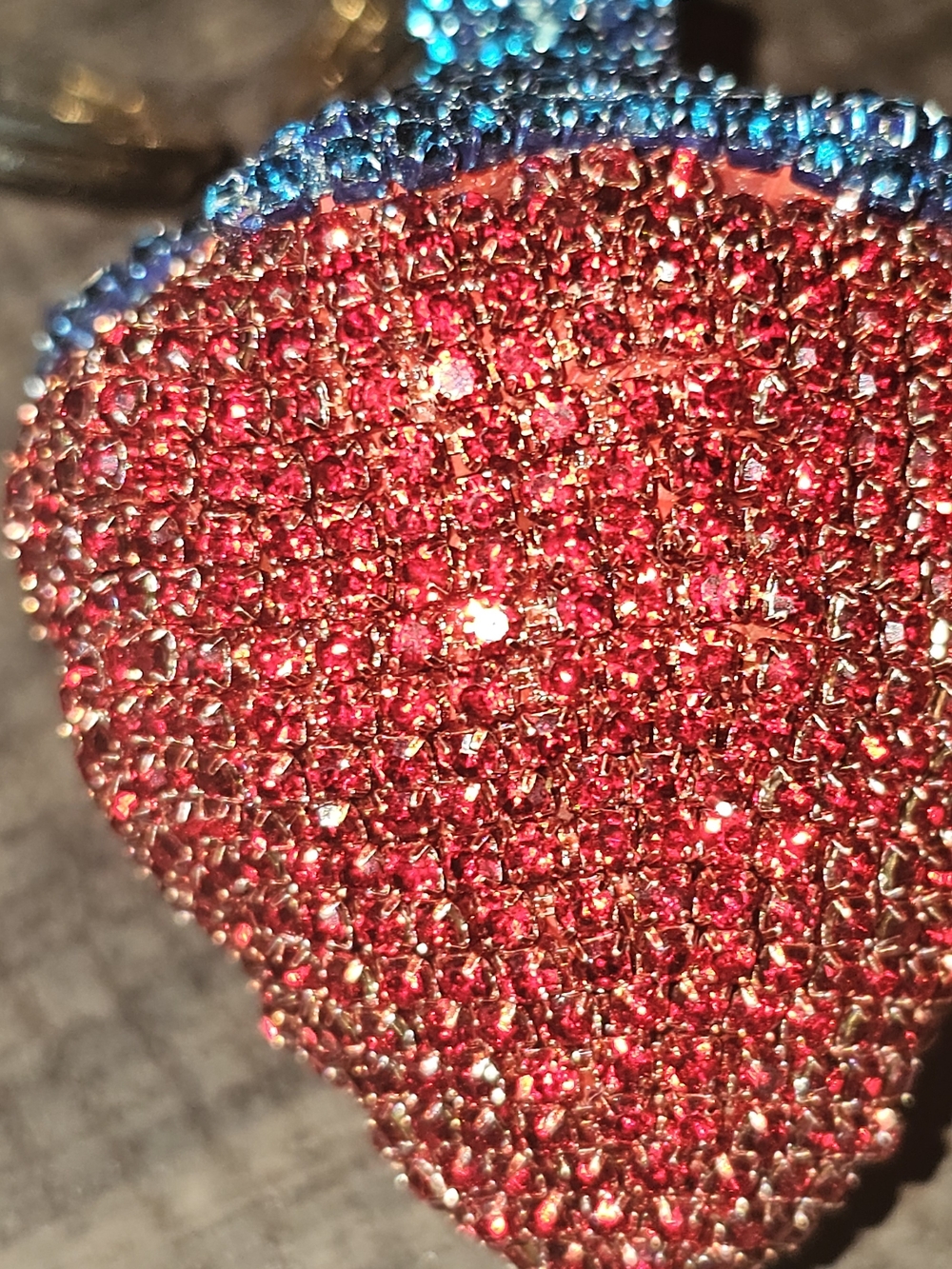 Set Of 2. Sparkling Strawberry Keychain Pair - Red & Pink with Blue Tops - Picture 2 of 5